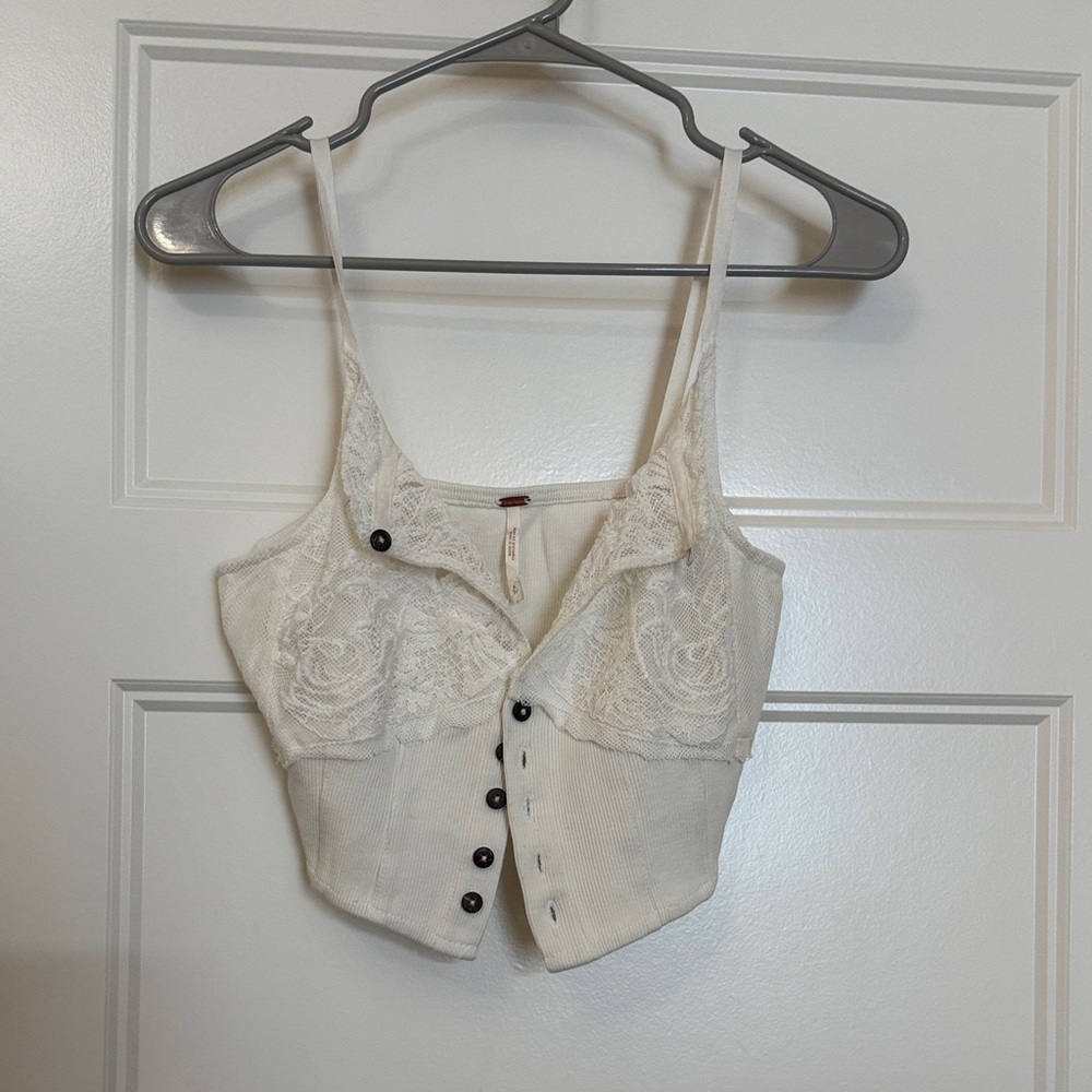 Free People Cream Lace Button-Up Crop Top